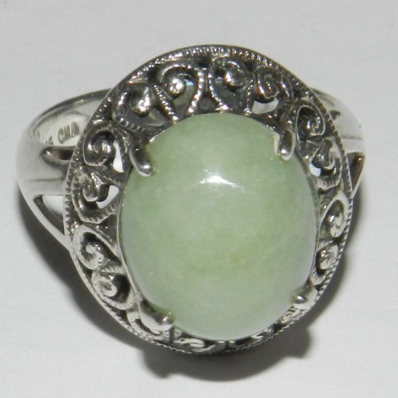 DESIGNER "CNA" STERLING SILVER FILIGREE OVAL JADE WOMENS RING SIZE 5 - Picture 1 of 9